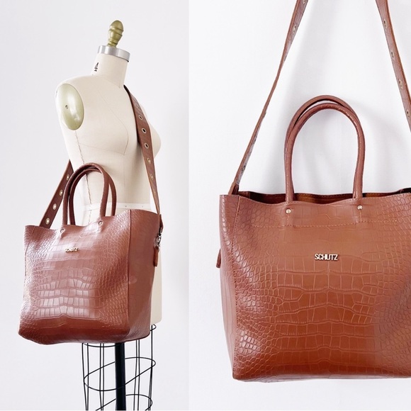 SCHUTZ • Crocodile-Embossed Tote Bag large grommet crossbody strap Dark Caramel - Picture 1 of 15